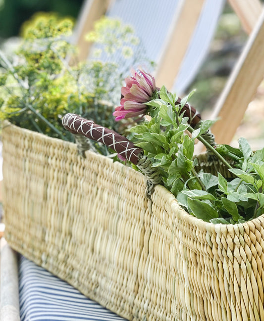 Woven trug basket with leather handles