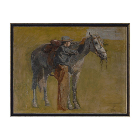 Vintage oil painting reproduction of horse and cowboy: Black With Bead 1300-905 U / 28" X 22"