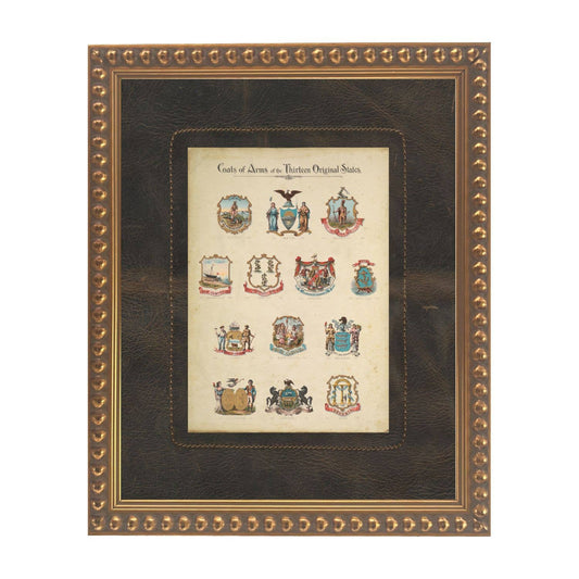 Vintage painting of 13 colonies matted in dark brown leather: Beaded gold frame 1315-70 / 16" X 20"