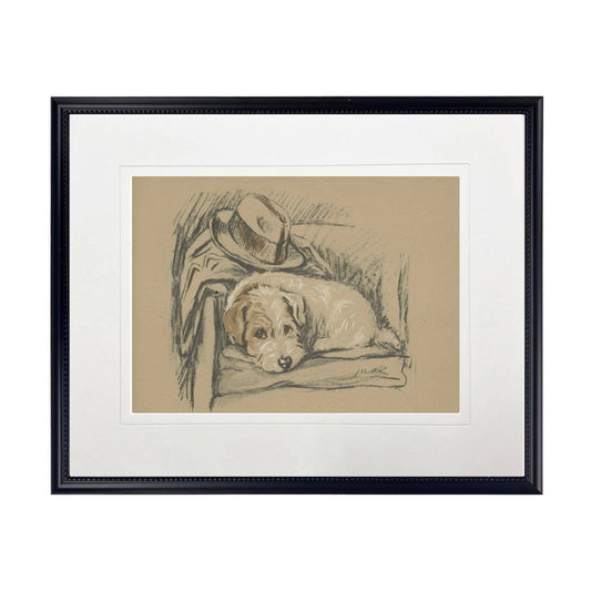 Dog sketch K on brown background: Beaded gold frame 1315-70 / 16" X 12"