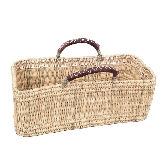 Woven trug basket with leather handles